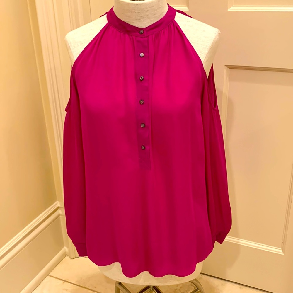 ARTELIER BY NICOLE MILLER WOMENS SIZE SMALL HOT PINK SILK COLD SHOULDER BLOUSE